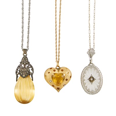 Lot 2245 - Gold and Citrine Pendant, Silver and Citrine Pendant and White Gold and Diamond Pendant with Chain Necklaces