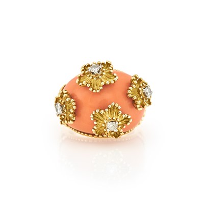 Lot 2016 - Gold, Coral and Diamond Flower Dome Ring, France