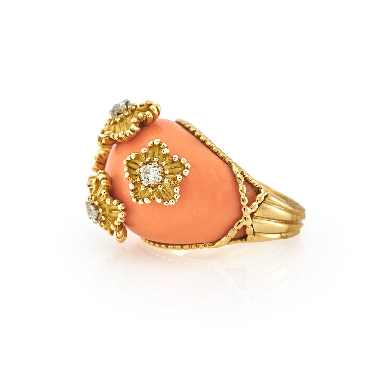 Lot 2016 - Gold, Coral and Diamond Flower Dome Ring,