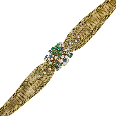 Lot 2111 - Cellino Gold, Diamond, Emerald and Sapphire Mesh Bracelet-Watch