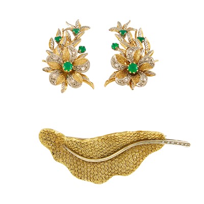 Lot 2243 - Pair of Two-Color Gold, Green Onyx and Diamond Flower Earclips and Brooch