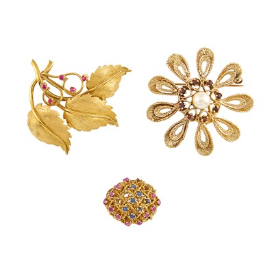 Lot 2206 - Gold, Cultured Pearl and Garnet Flower Brooch, Leaf Brooch and Gem-Set Ring