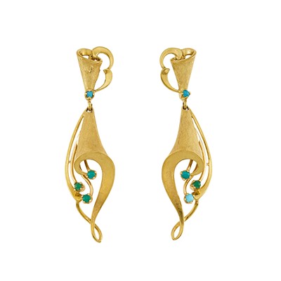 Lot 2253 - Pair of Gold and Turquoise Pendant-Earclips