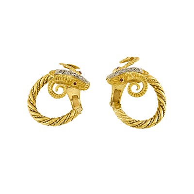 Lot 2218 - Pair of Two-Color Gold and Diamond Ram's Head Earclips