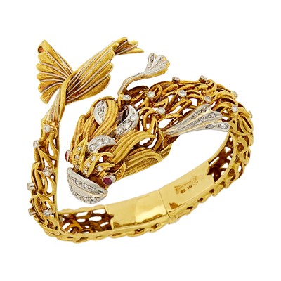 Lot 57 - Ilias Lalaounis for Zolotas Two-Color Gold, Diamond and Ruby Fish Bangle Bracelet
