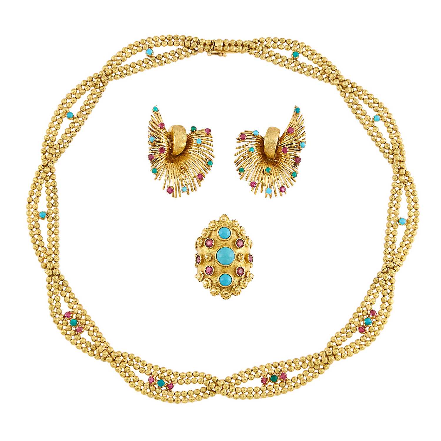 Lot 2129 - Gold, Turquoise and Ruby Necklace, Ring and Pair of Earclips