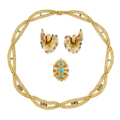 Lot 2129 - Gold, Turquoise and Ruby Necklace, Ring and Pair of Earclips