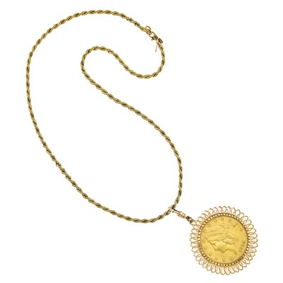 Lot 2252 - Gold and Gold Coin Pendant with Gilt-Metal Chain Necklace