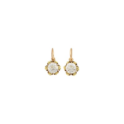 Lot 1078 - Pair of Antique Two-Color Gold and Diamond Earrings