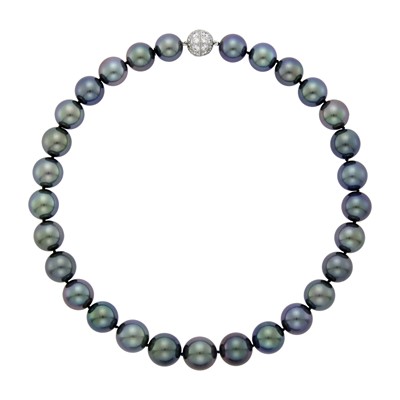 Lot 116 - Assael Tahitian Black Cultured Pearl Necklace with Platinum, White Gold and Diamond Clasp