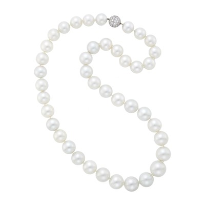 Lot 111 - Long South Sea Cultured Pearl Necklace with White Gold and Diamond Clasp