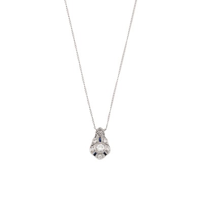 Lot 2229 - Platinum, Diamond and Synthetic Sapphire Pendant with White Gold Chain Necklace