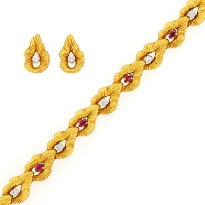 Lot 1222 - Gold, Ruby and Diamond Bracelet and Pair of Earrings