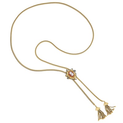Lot 1202 - Gold, Black Enamel, Cameo, Split Pearl and Diamond Slide Tassel Necklace