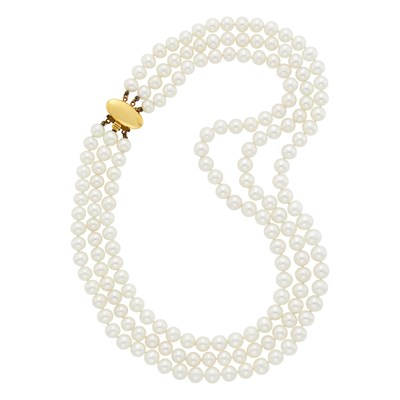 Lot 1192 - Triple Strand Cultured Pearl Necklace with Gold Clasp