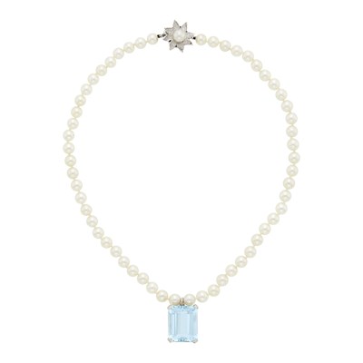 Lot 1224 - White Gold, Cultured Pearl and Aquamarine Pendant-Necklace