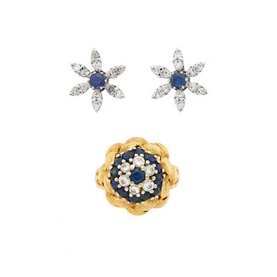 Lot 1203 - Two-Color Gold, Sapphire and Diamond Flower Ring and Pair of White Gold, Sapphire and Diamond Flower Earrings