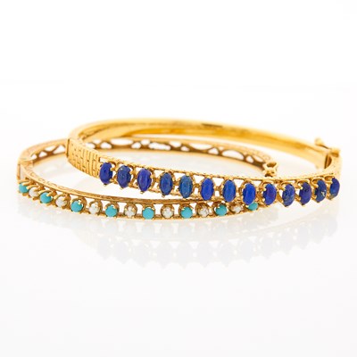 Lot 1194 - Two Gold, Lapis, Imitation Turquoise and Pearl Bangle Bracelets