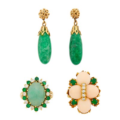 Lot 1196 - Two Gold, Angel Skin Coral, Jade, Emerald and Diamond Rings and Pair of Pendant-Earrings