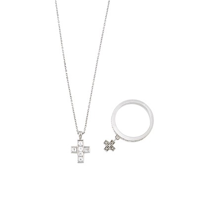 Lot 2099 - White Gold and Diamond Cross Pendant-Necklace and Ring