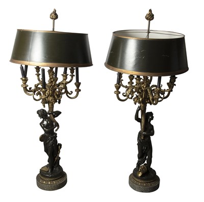 Lot 241 - Pair of French  Patinated and Gilt-Bronze Eight-Light Large Figural Candelabra