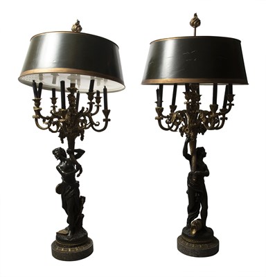 Lot 241 - Pair of French  Patinated and Gilt-Bronze Eight-Light Large Figural Candelabra