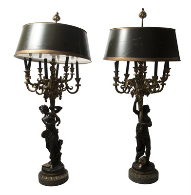 Lot 241 - Pair of French  Patinated and Gilt-Bronze Eight-Light Large Figural Candelabra