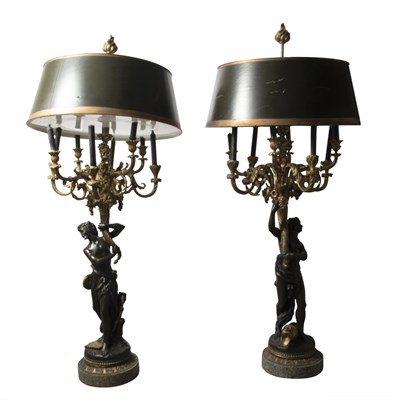 Lot 241 - Pair of French  Patinated and Gilt-Bronze Eight-Light Large Figural Candelabra