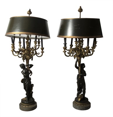 Lot 241 - Pair of French  Patinated and Gilt-Bronze Eight-Light Large Figural Candelabra