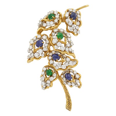 Lot 1086 - Gold, Platinum, Cabochon Emerald and Sapphire and Diamond Bouquet Clip-Brooch