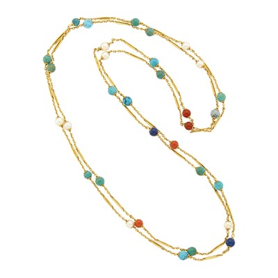 Lot 1014 - Long Gold, Cultured Pearl and Hardstone Bead Chain Necklace
