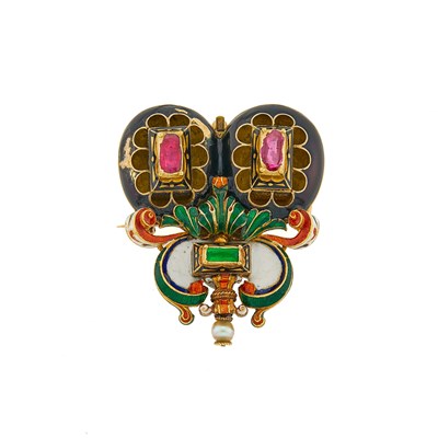 Lot 3153 - Renaissance Revival Gold, Emerald, Ruby Pearl and Enamel Pendant-Brooch