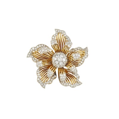 Lot 2135 - Two-Color Gold and Diamond Flower Brooch