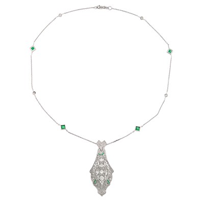Lot 2068 - White Gold, Diamond and Emerald Pendant and Chain