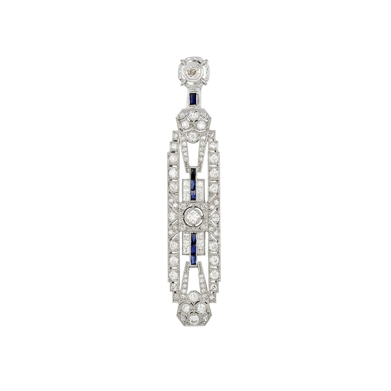 Lot 1181 - Platinum, White Gold, Diamond and Simulated Sapphire Pendant