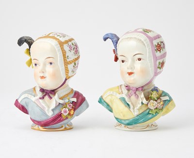 Lot 18 - Two German Gilt and Polychrome Decorated Porcelain Busts of Young Girls