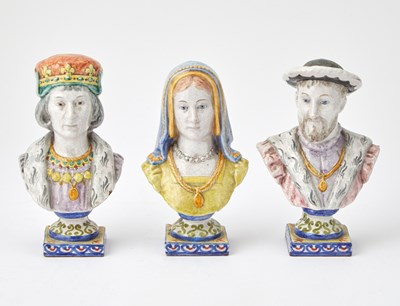 Lot 19 - Set of Three Continental Renaissance Style Glazed Terracotta Miniature Portrait Busts