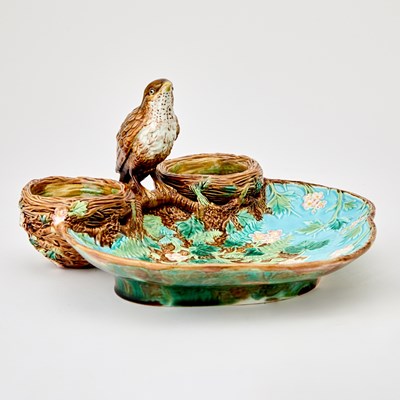 Lot 183 - George Jones Majolica Turquoise-Ground Strawberry Server with Thrush