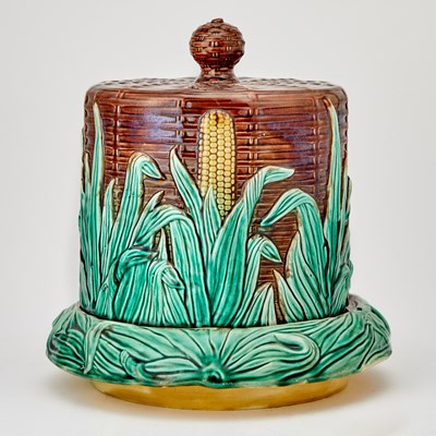 Lot 178 - Adams &  Bromley Majolica Corn and Wicker Cheese Dome