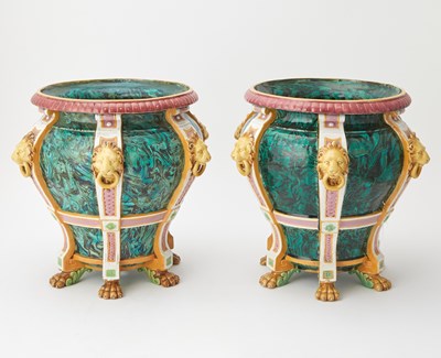 Lot 176 - Pair of Minton Style Majolica Faux Malachite-Ground Footed Jardinières