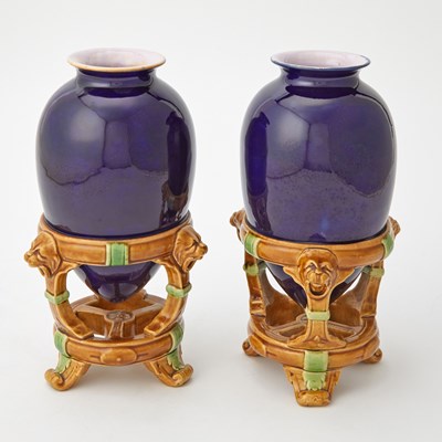 Lot 180 - Assembled Pair of Minton Majolica Cobalt Ground Bud Vases