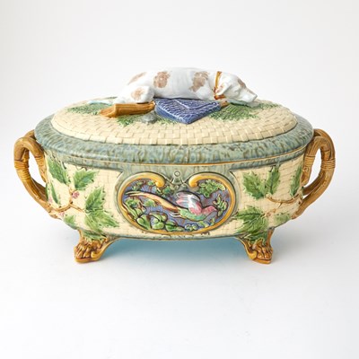 Lot 173 - Minton Majolica Game Pie Tureen with Hunting Dog