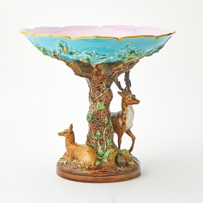 Lot 174 - George Jones Majolica Turquoise Ground "Stag and Doe" Centerpiece Bowl