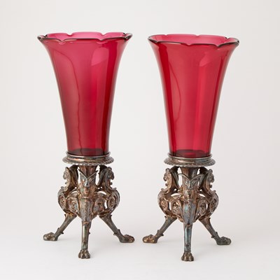 Lot 105 - Pair of Christofle Silver-Plated and Cranberry Glass Vases