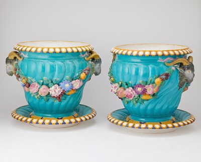 Lot 101 - Pair of Continental Turquoise-Ground Majolica Jardinières With Stands