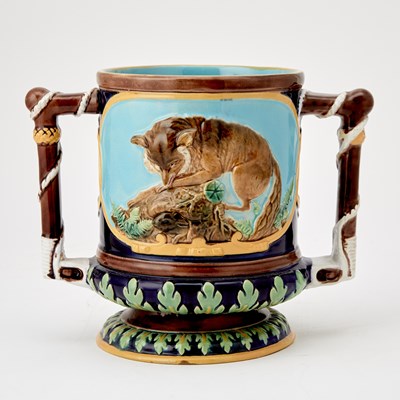 Lot 169 - George Jones Majolica Fox and Hunting Dog Two-Handled Loving Cup