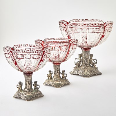 Lot 31 - Bohemian Style Ruby Cut to Clear Glass and Silver Plate Garniture