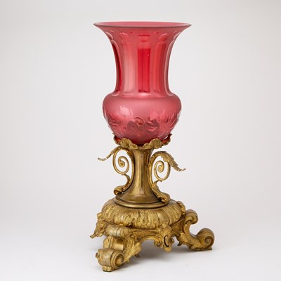 Lot 100 - Continental Brass and  Cranberry Glass Vase