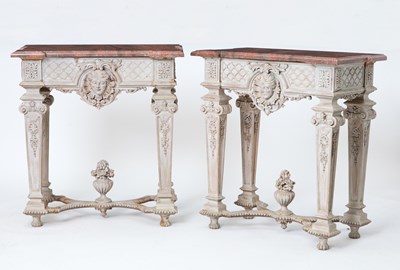 Lot 70 - Pair of Louis XIV Style Painted Oak Marble Top Consoles