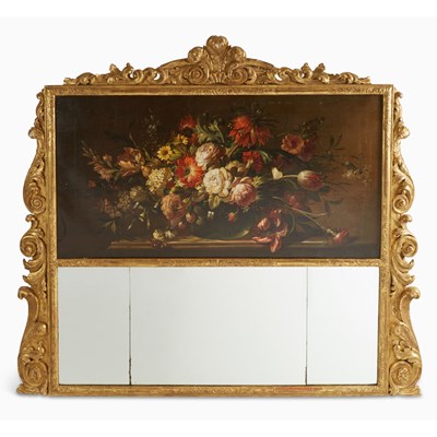 Lot 158 - George III Giltwood Overmantel Mirror with a Floral Still Life Painting